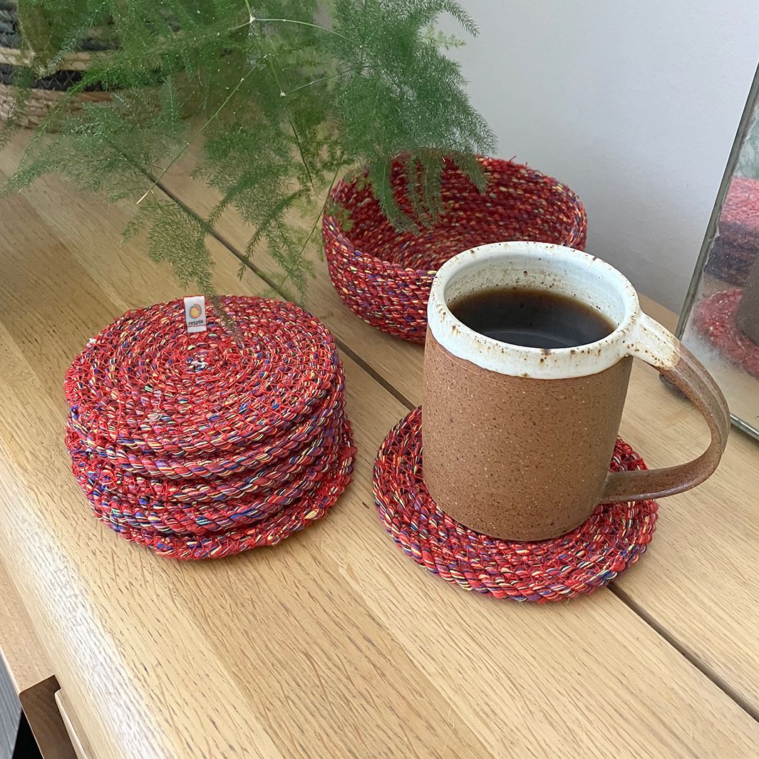 Cotton Coasters with Holder - Set 6 - Multicolour