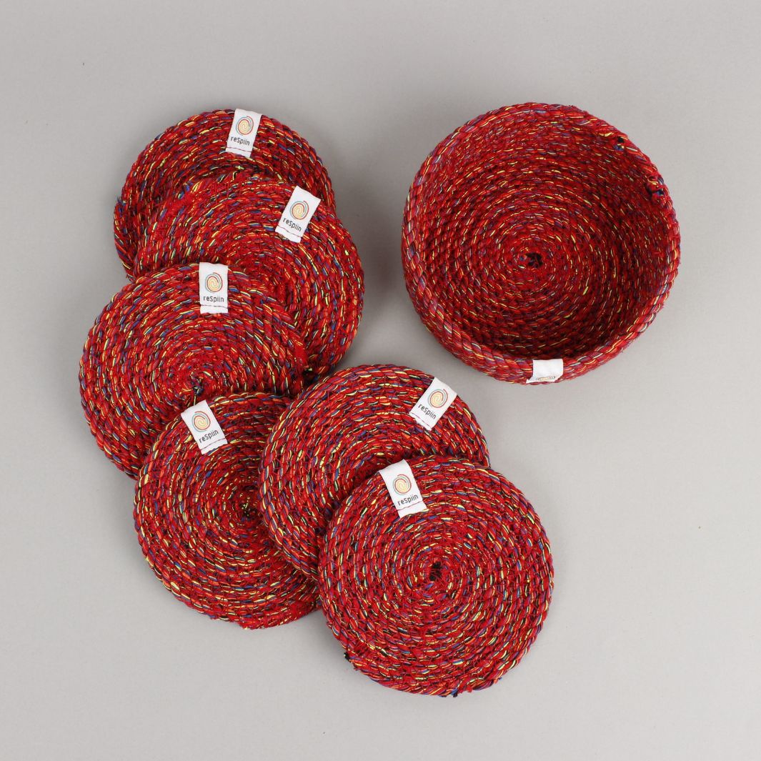 Cotton Coasters with Holder - Set 6 - Multicolour