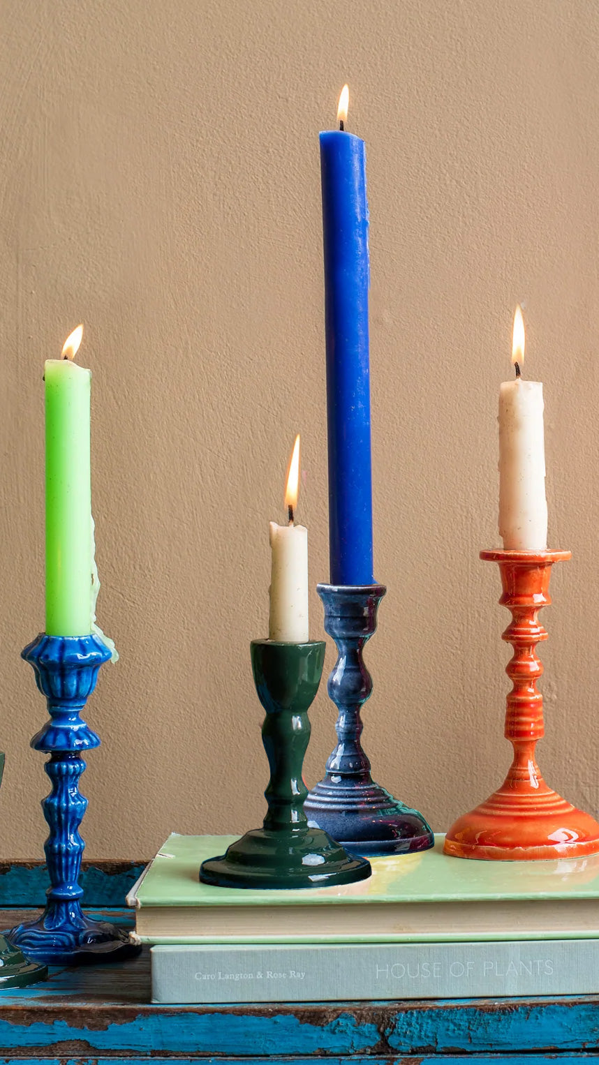 Enamelled Cast Metal Candlesticks