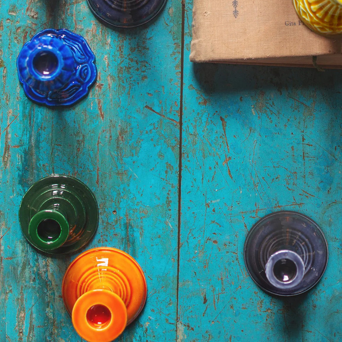 Enamelled Cast Metal Candlesticks