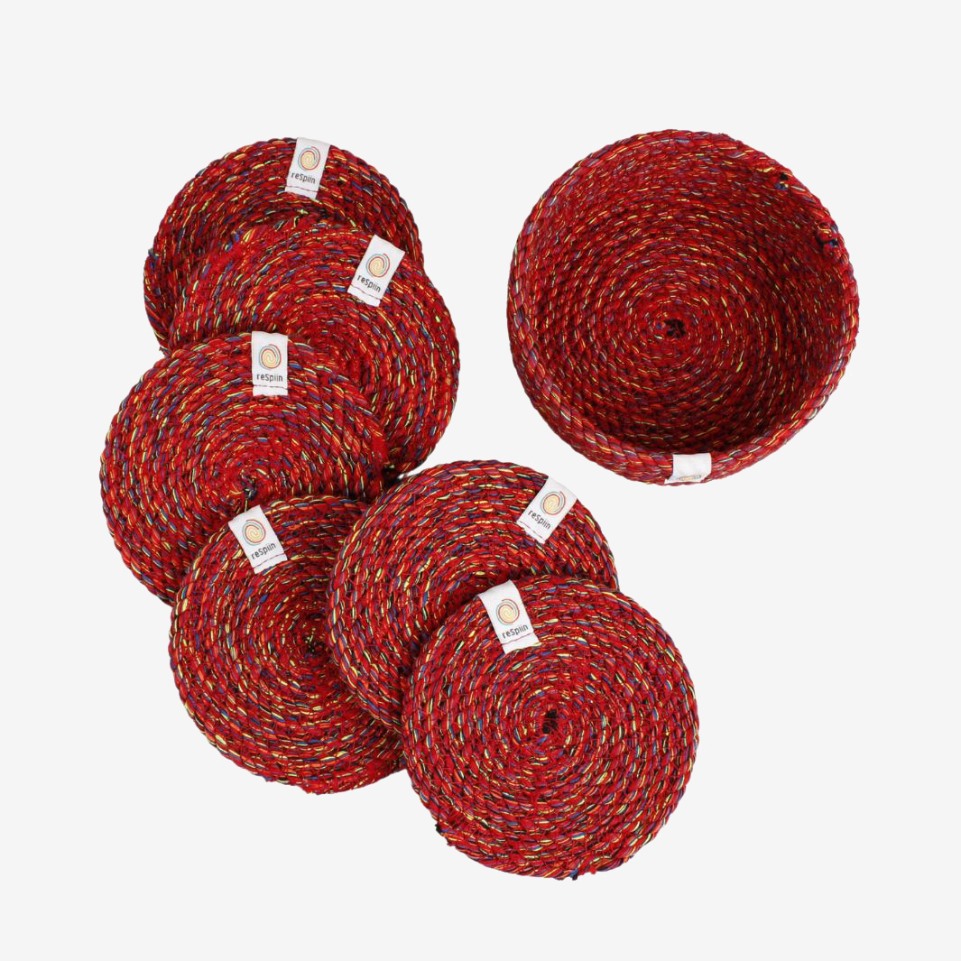 Cotton Coasters with Holder - Set 6 - Multicolour